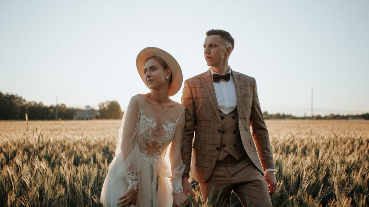 Romantic wedding portrait of a couple posing in a sunlit field, highlighting elegance and love.