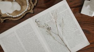 Open vintage book with a dried flower and pearl necklace on a wooden table for a classic look.