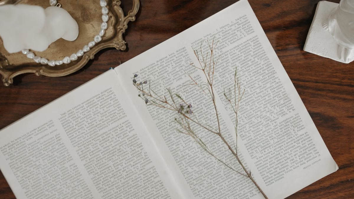 Open vintage book with a dried flower and pearl necklace on a wooden table for a classic look.